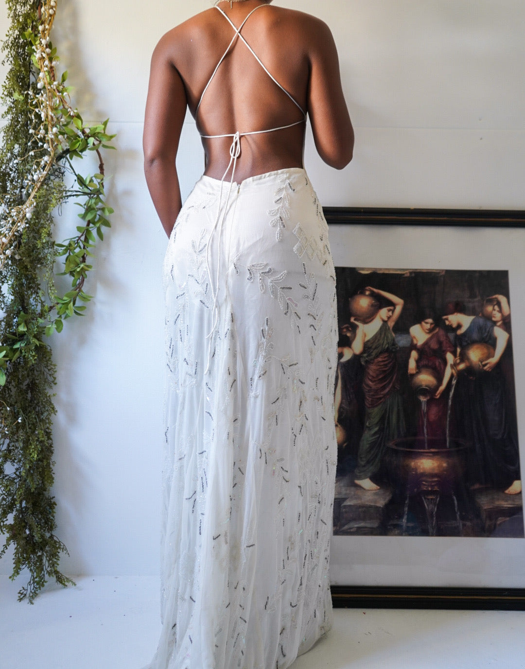 Rare Ivory Beaded Tulle Backless Gown