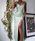 Vintage Light Sage Green Beaded Silk Backless Gown