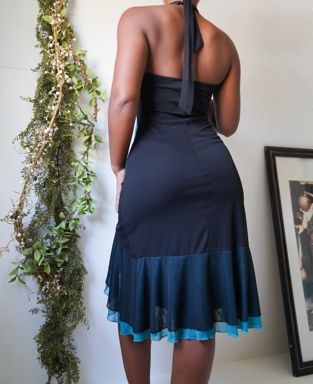 Black Halter Ruffle Hem Dress