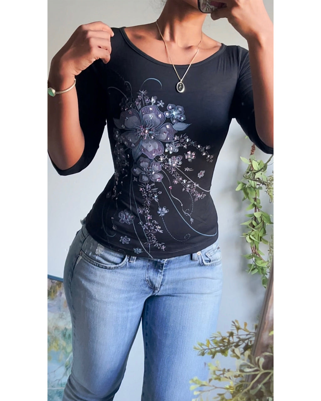 Y2K Butterfly Print 3/4 Sleeve Top