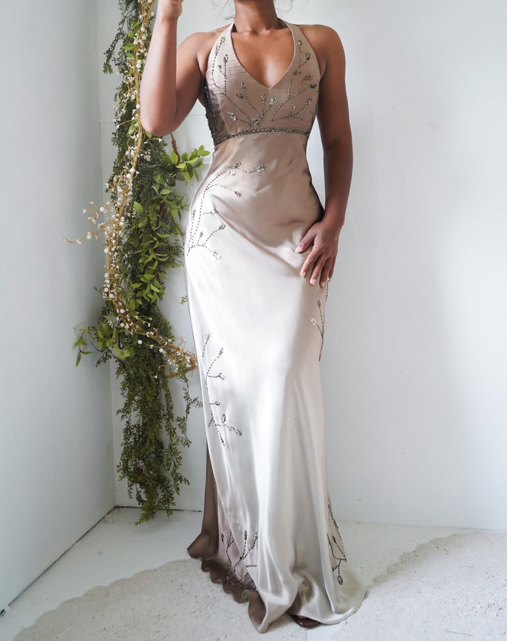 Rare Vintage Y2K Tan/Beige Halter Ombre Beaded Gown