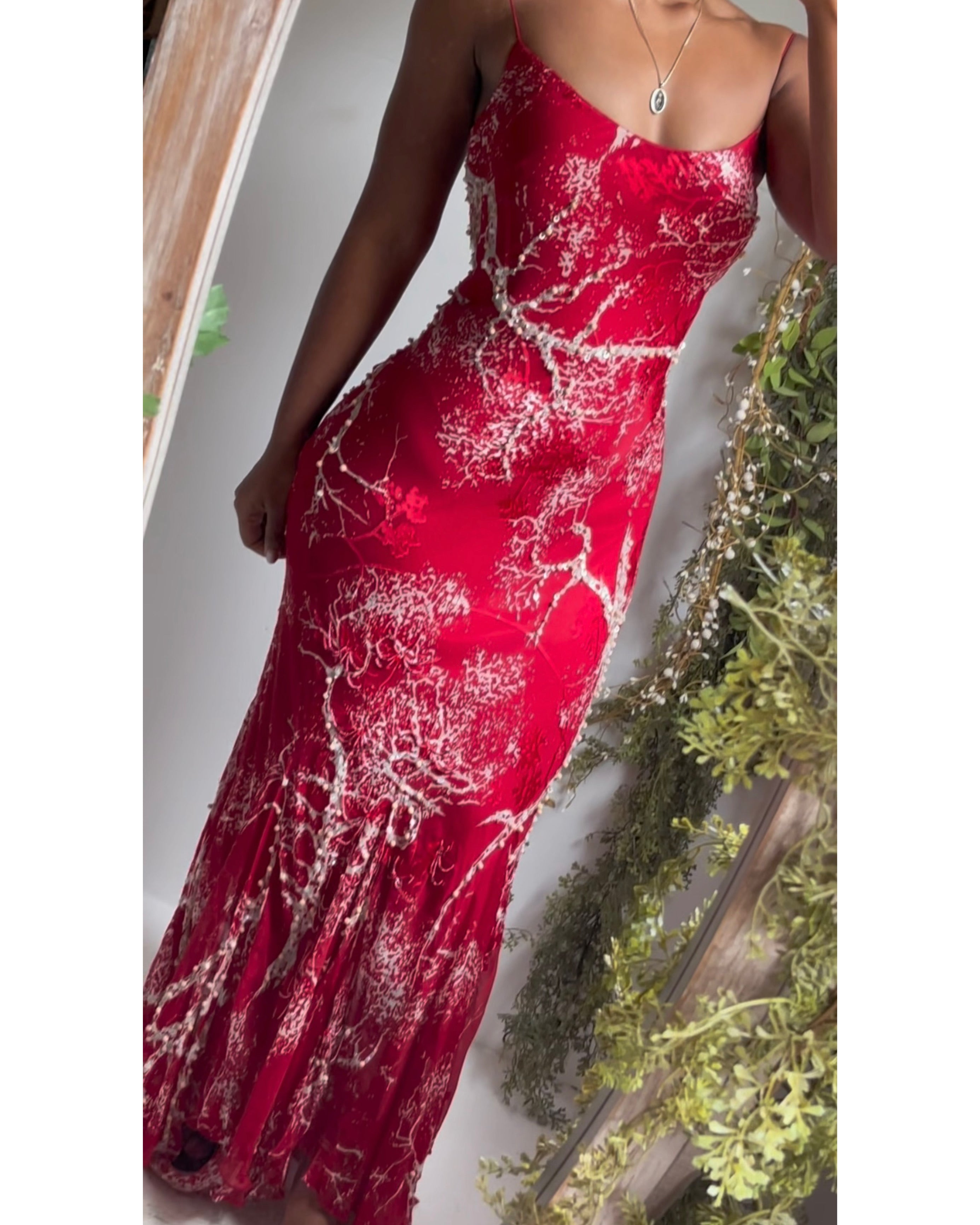 Rare Y2K Red Silk Burnout Beaded Fairy Gown