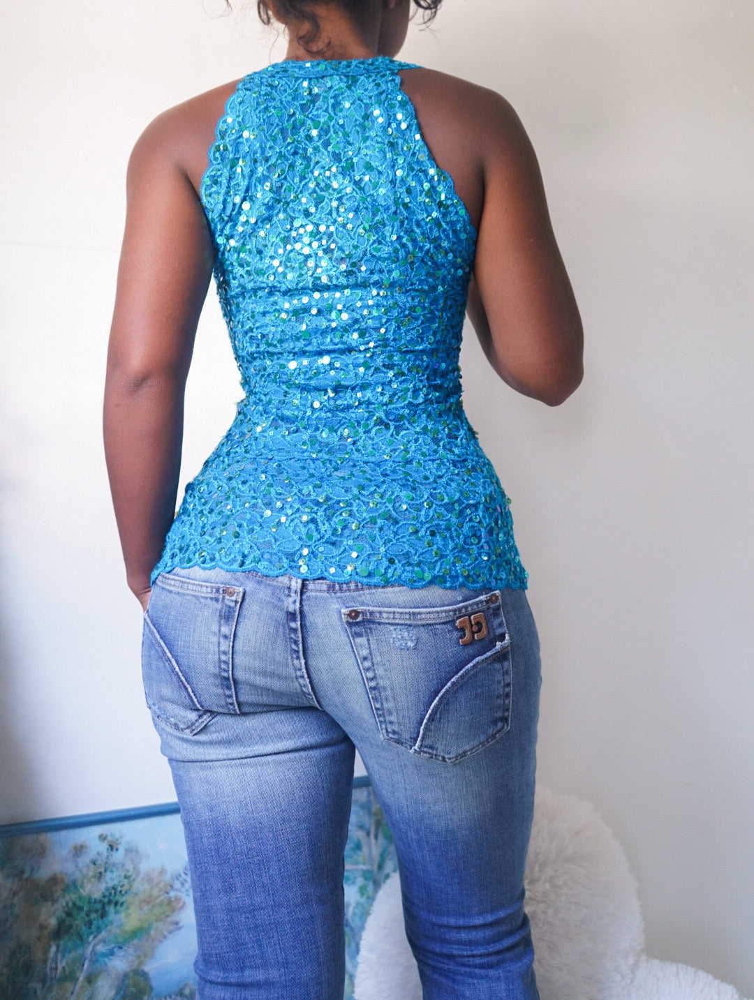 Y2K Sequin Lace Teal Top
