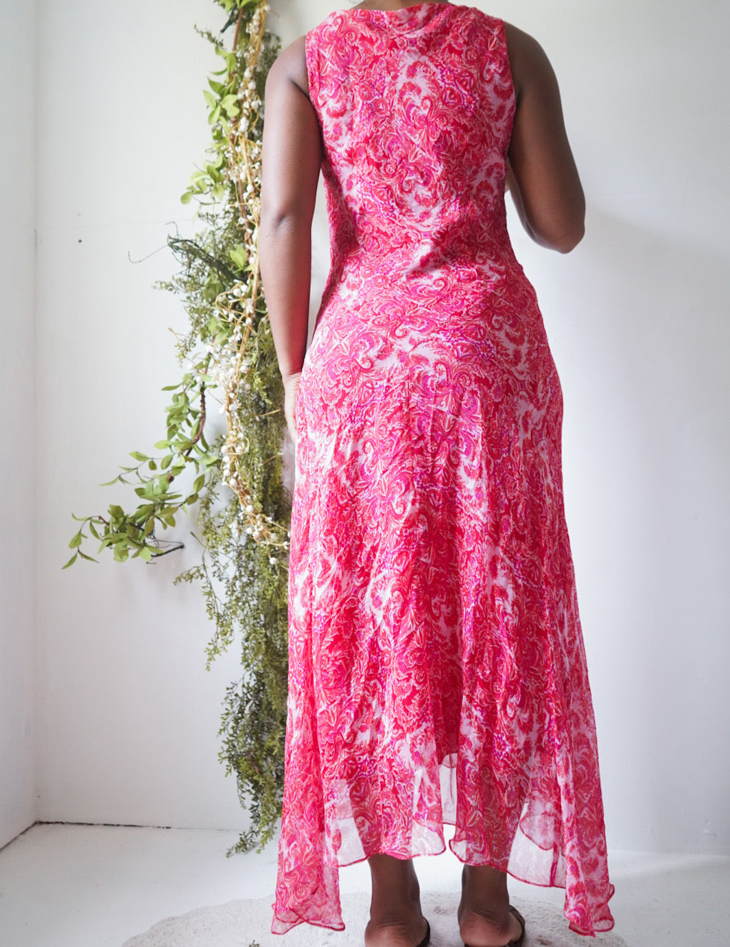Vintage Y2K Paisley Bright Coral Pink Silk Dress