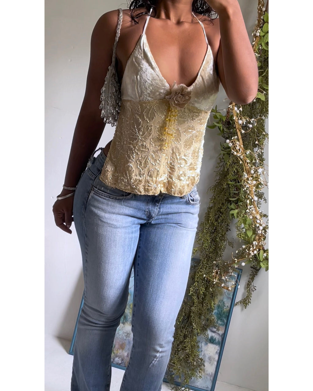Y2K Champagne Gold Reworked Burnout Velvet Top