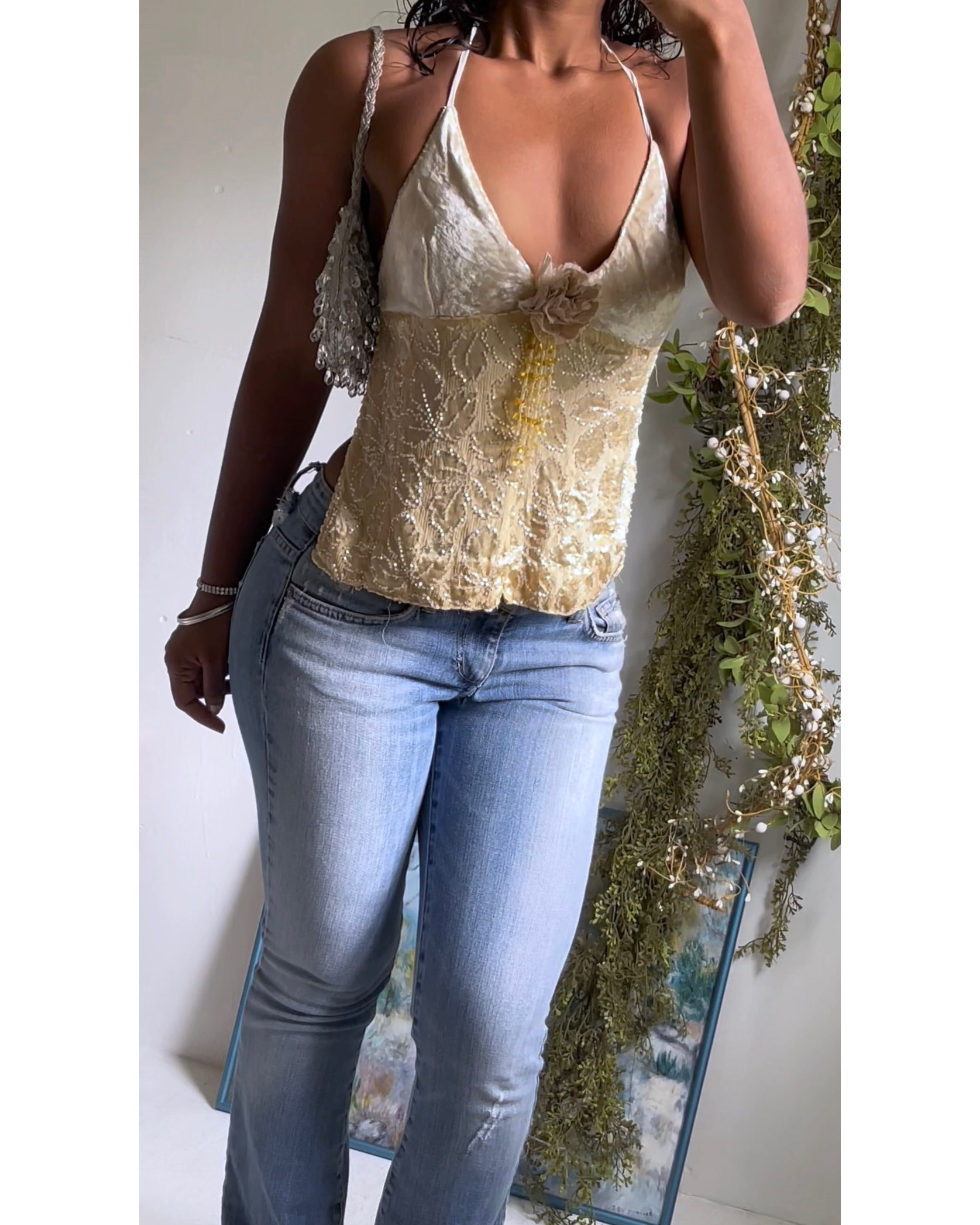 Y2K Champagne Gold Reworked Burnout Velvet Top