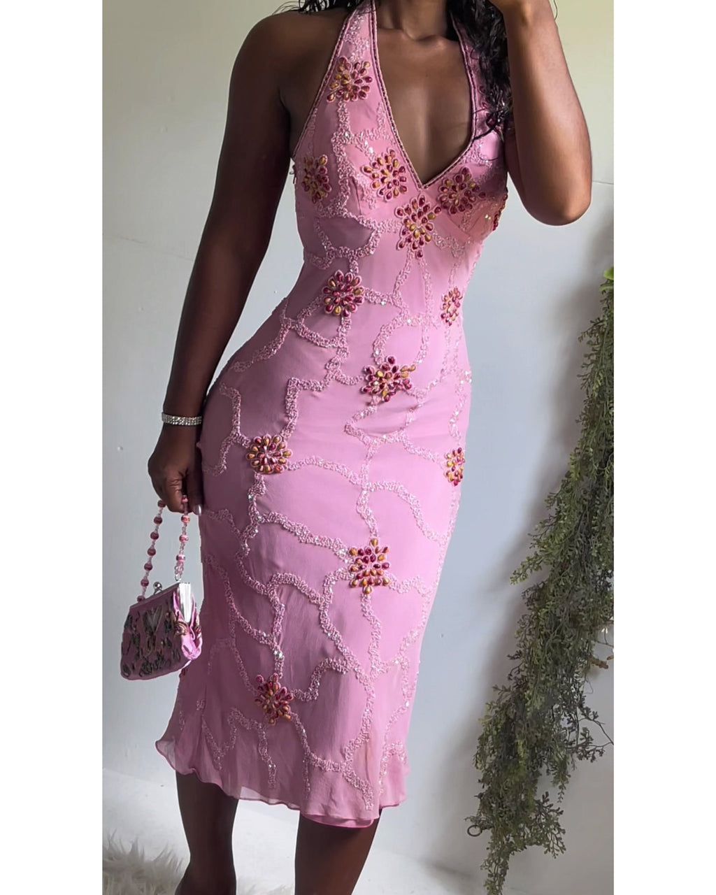 Pink Fully Beaded Silk Halter Midi Dress