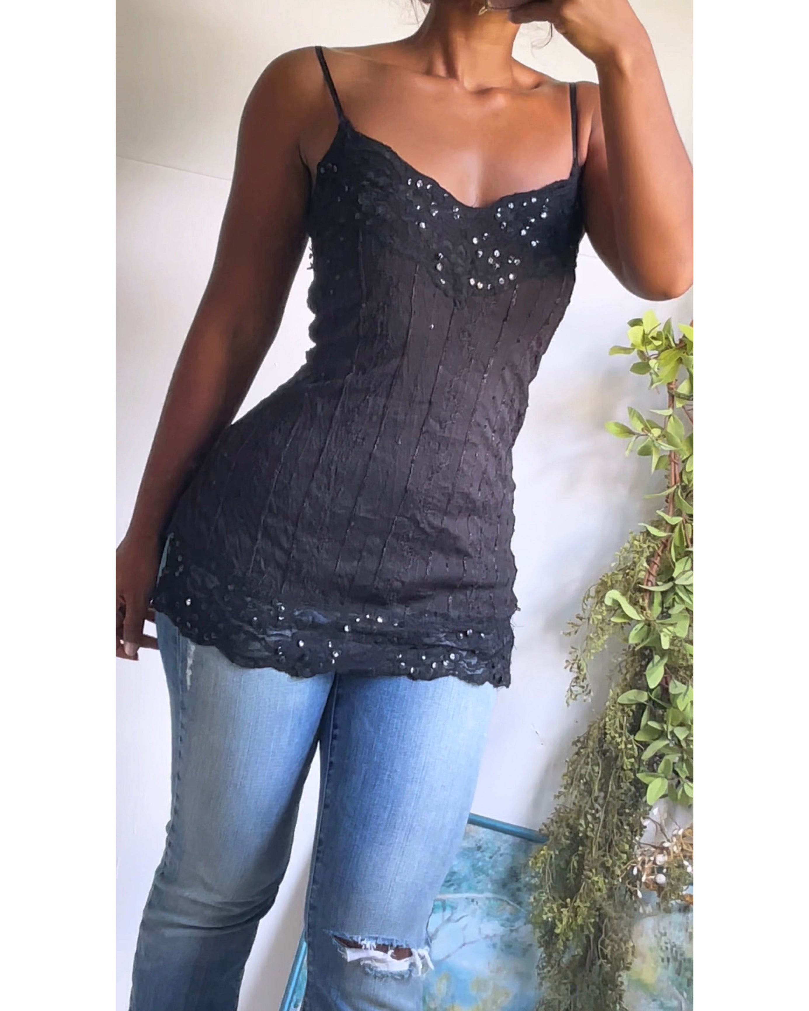 Y2K Black Lace and Sequin Cami