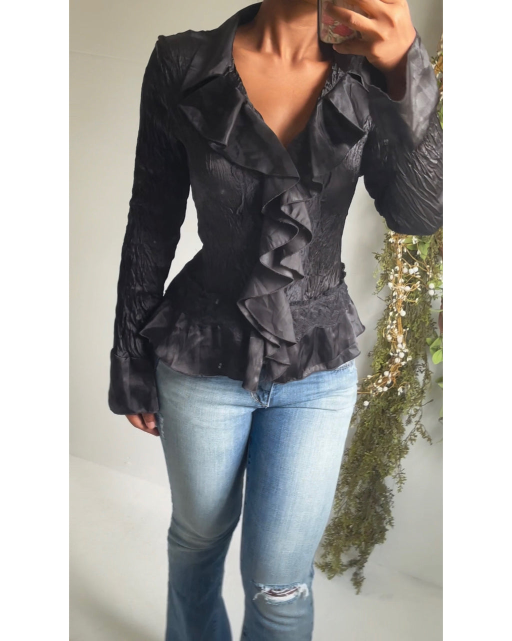 Vintage Crinkle Ruffle Detail Top