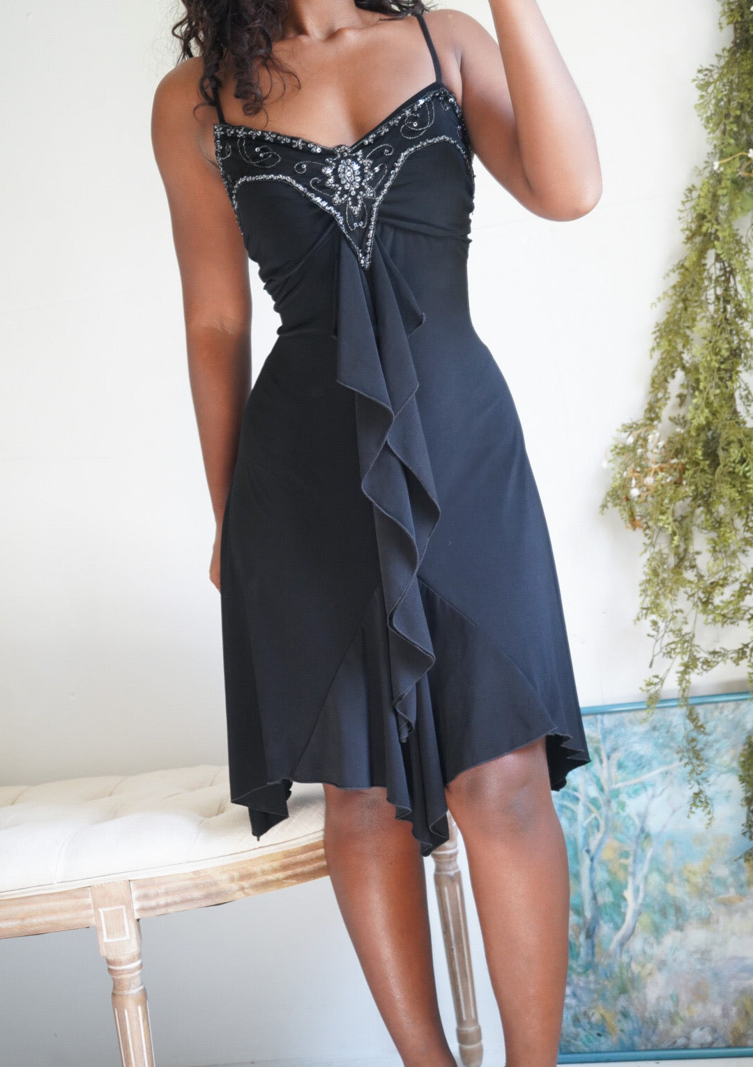 Y2K Beaded Neckline Ruffle Detail Dress