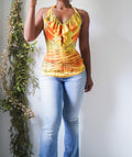 Abstract Tropical Halter Ruffle Neckline Top