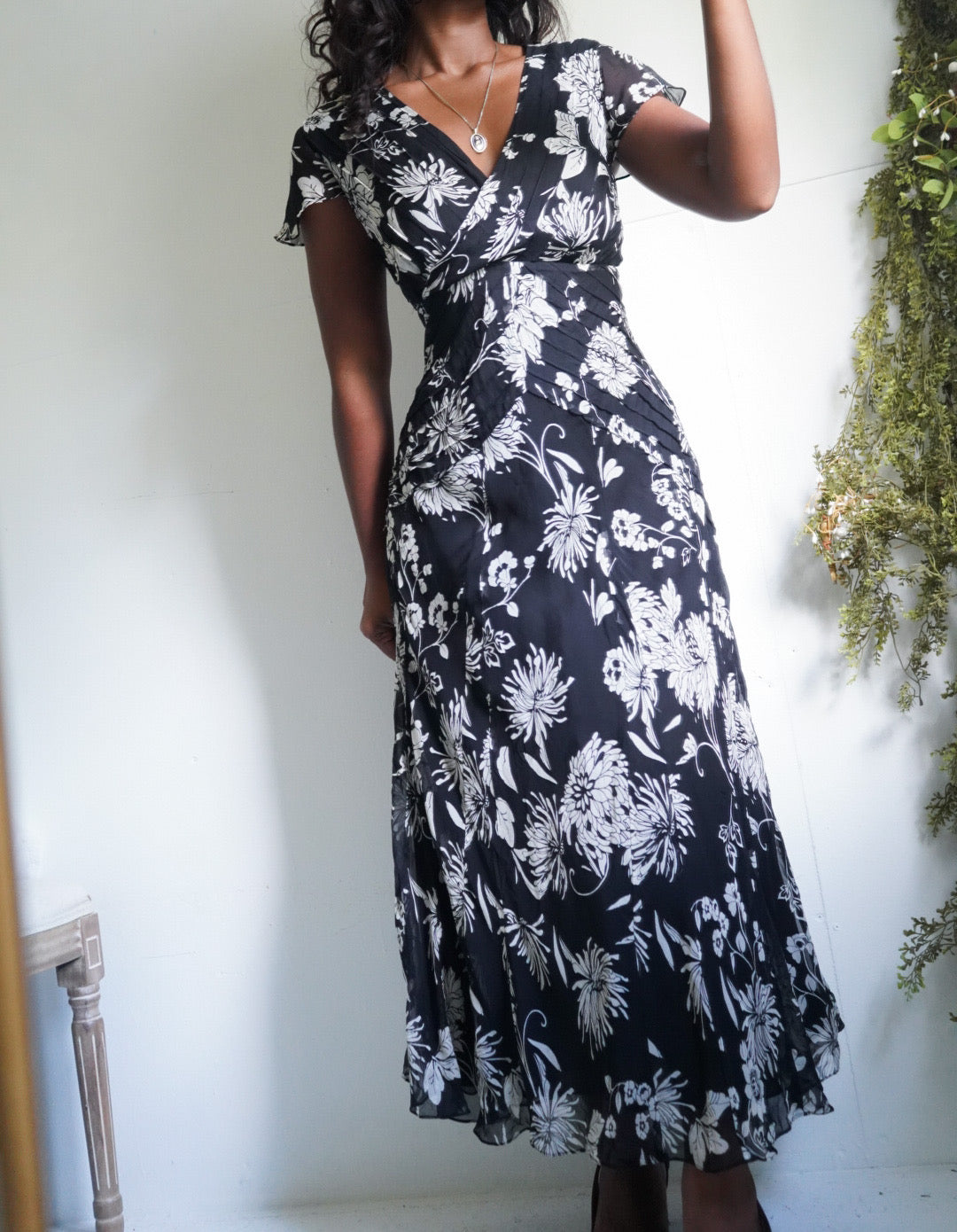 Y2K Monochrome Silk Floral Midi Dress