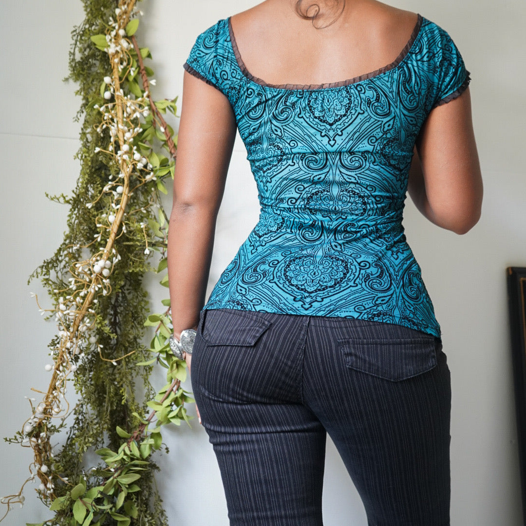 Teal and Black Burnout Mesh Milkmaid Top