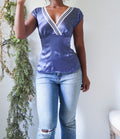 Y2K Indigo Silk Charmeuse Lace Trim Top