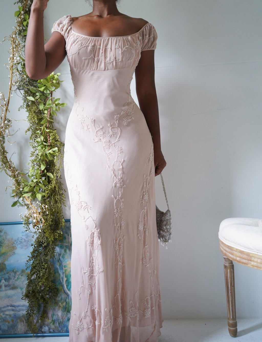 Rare Vintage 90s Silk Milkmaid Blush Nude Beaded Gown
