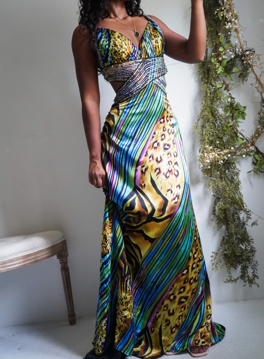 Rare Y2K Rainbow Abstract Animal Print Low Back Gown