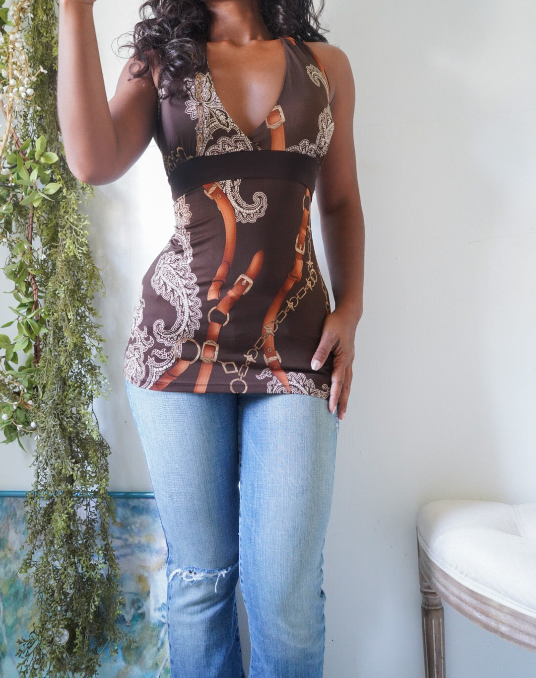 Y2K Brown Tie Back Halter Top