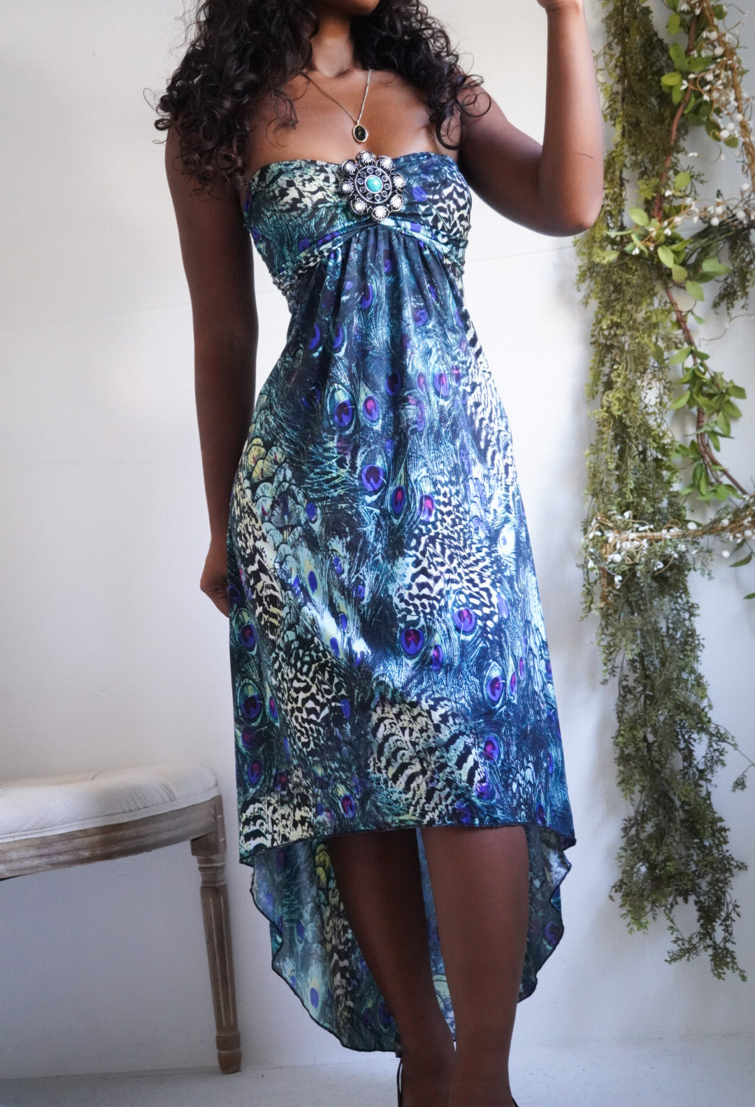 Y2K Peacock Strapless Boho Dress