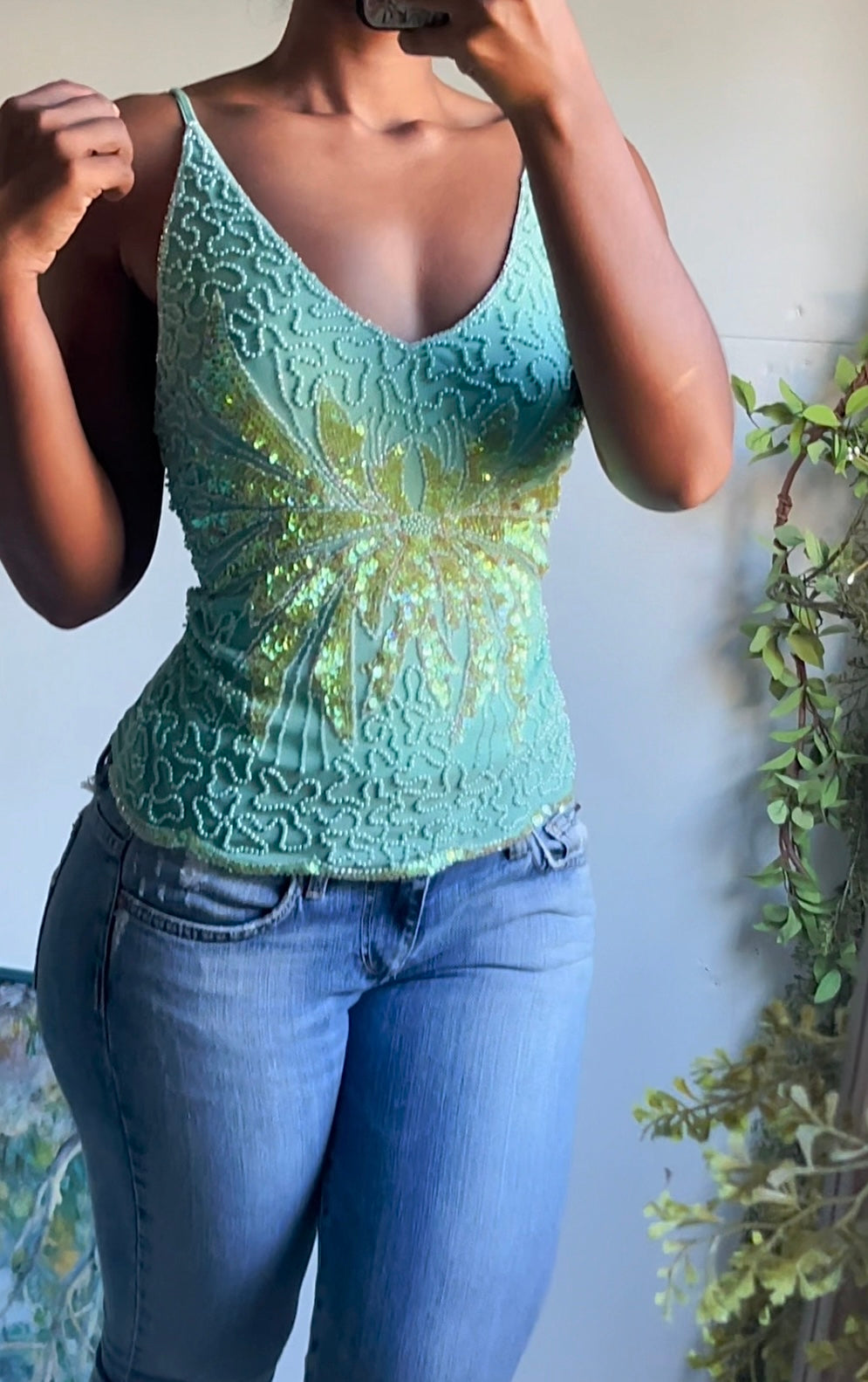 Aquamarine Fully Beaded Mesh Fairy Cami