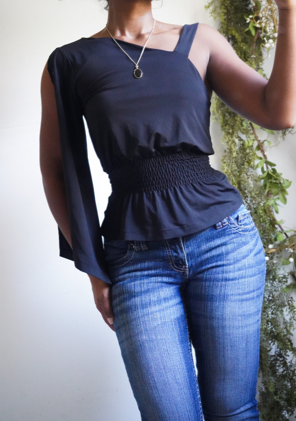 Y2K Black One Shoulder Smocked Waist Top