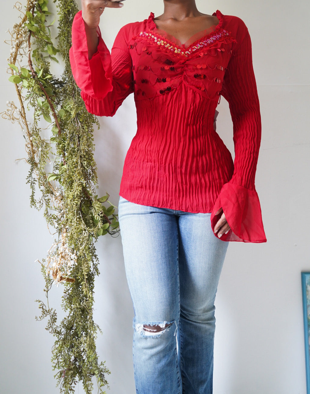 Y2K Pleat Fabric Red Bead Detail Top