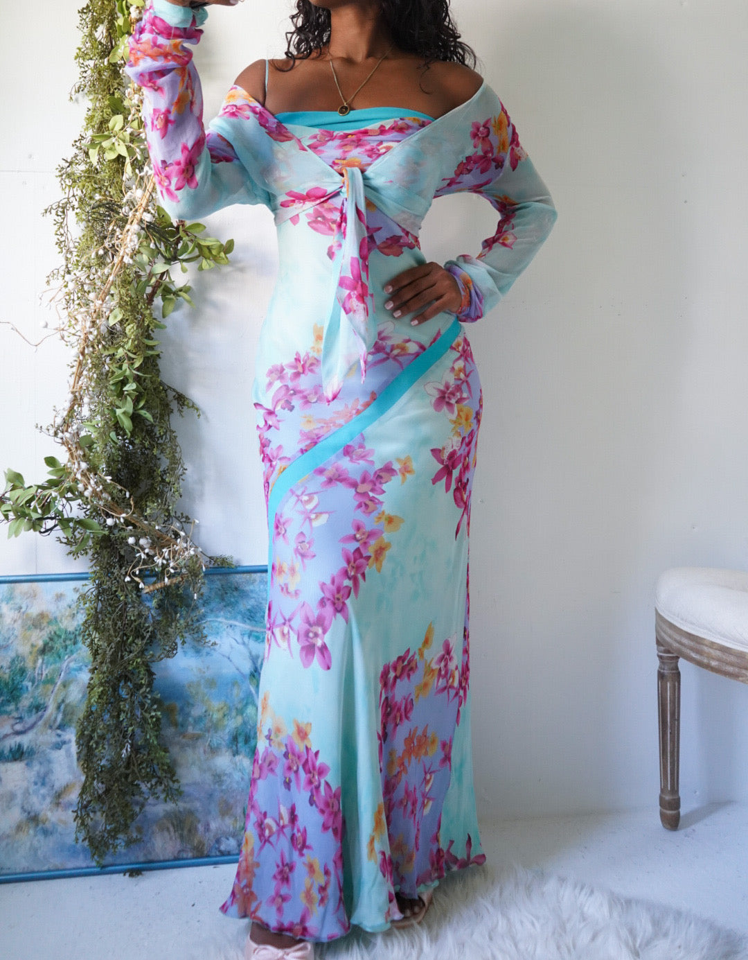 Vintage Y2K Romantic Light Turquoise Floral 2 Piece Gown