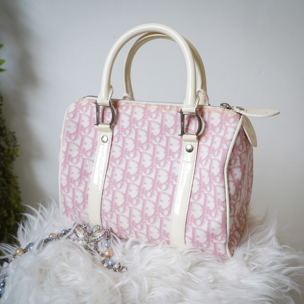 Y2K Dior Pink Trotter Monogram Leather Trim Boston Bag