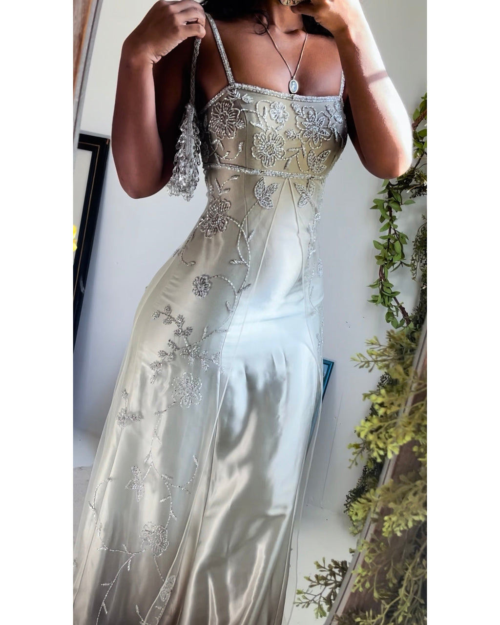 Rare Vintage Champagne Gray Beaded Split Front Gown