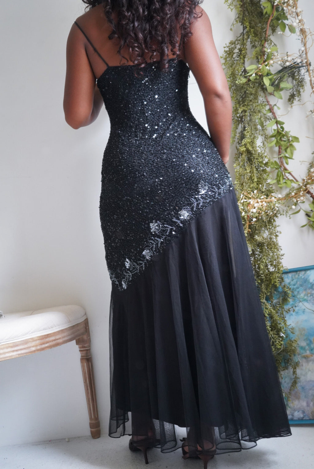Y2K Black Beaded Tulle Hem Gown