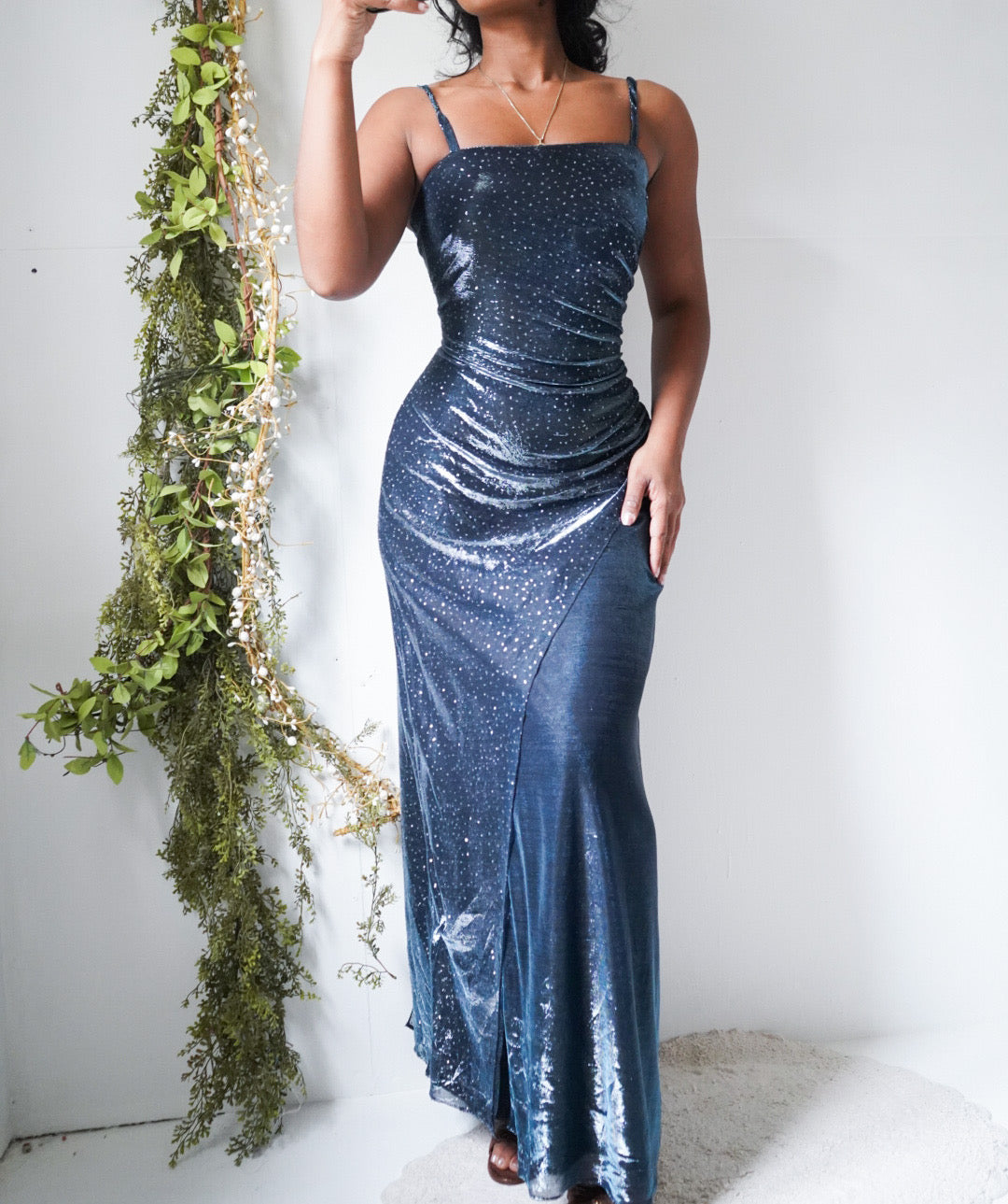 Y2K Navy Blue Wet Look Metallic Gown