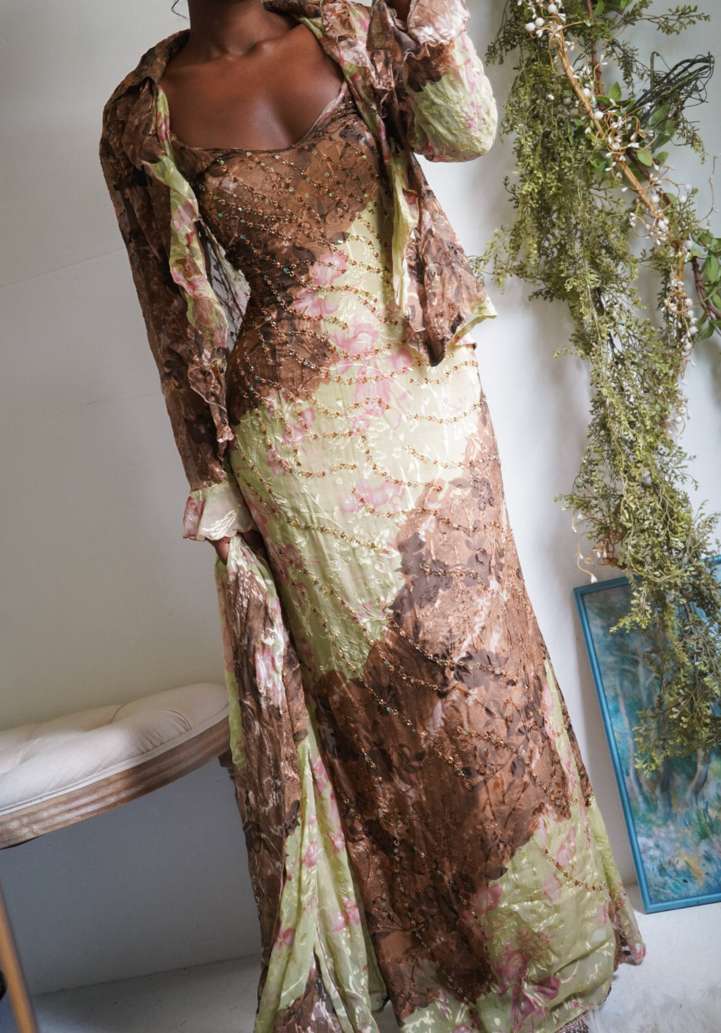 Rare Y2K Beaded Silk Gown with Scarf and Blouse