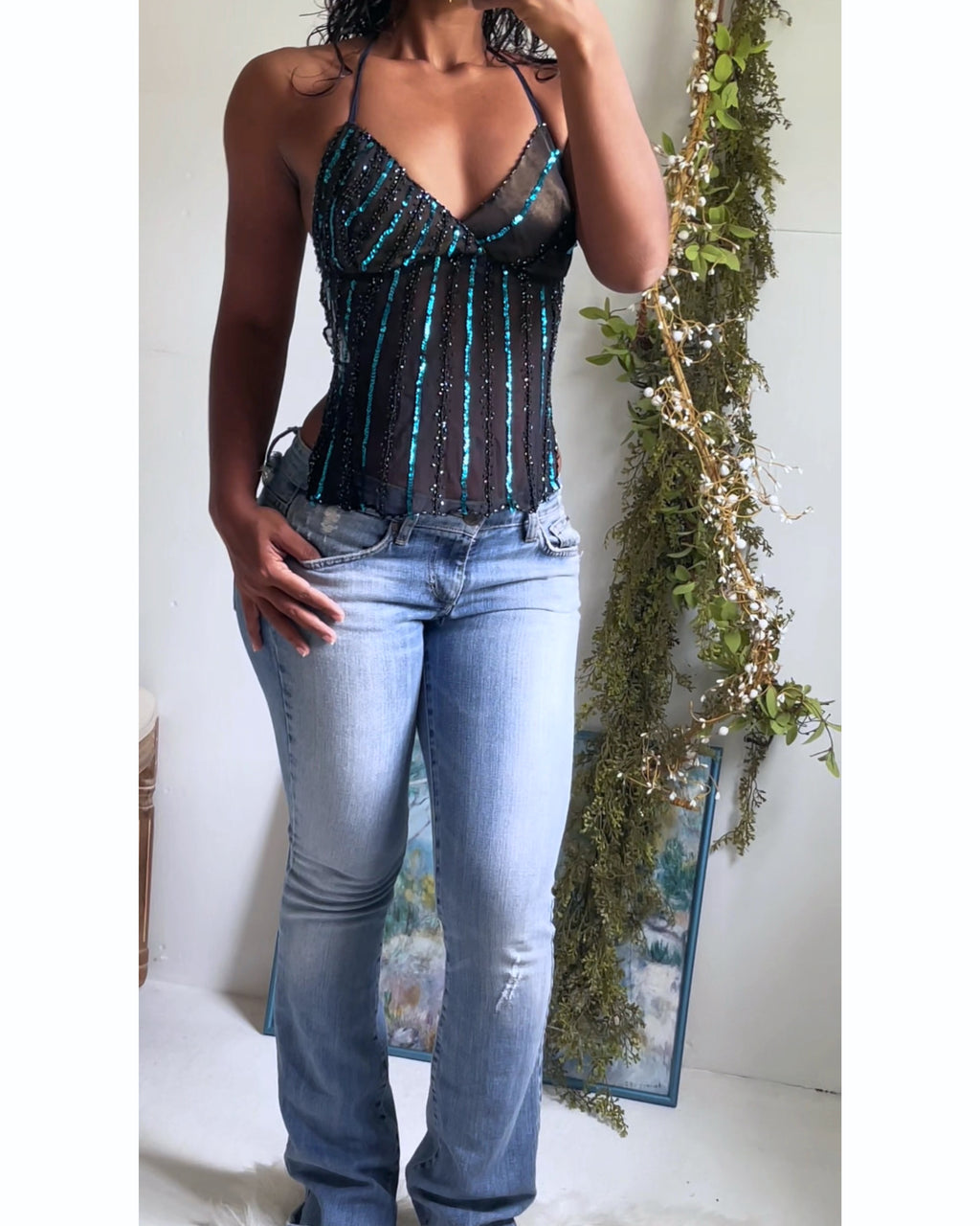 Reworked Handmade Silk Tie Back Top with Teal Sequins