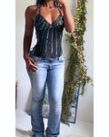 Reworked Handmade Silk Tie Back Top with Teal Sequins