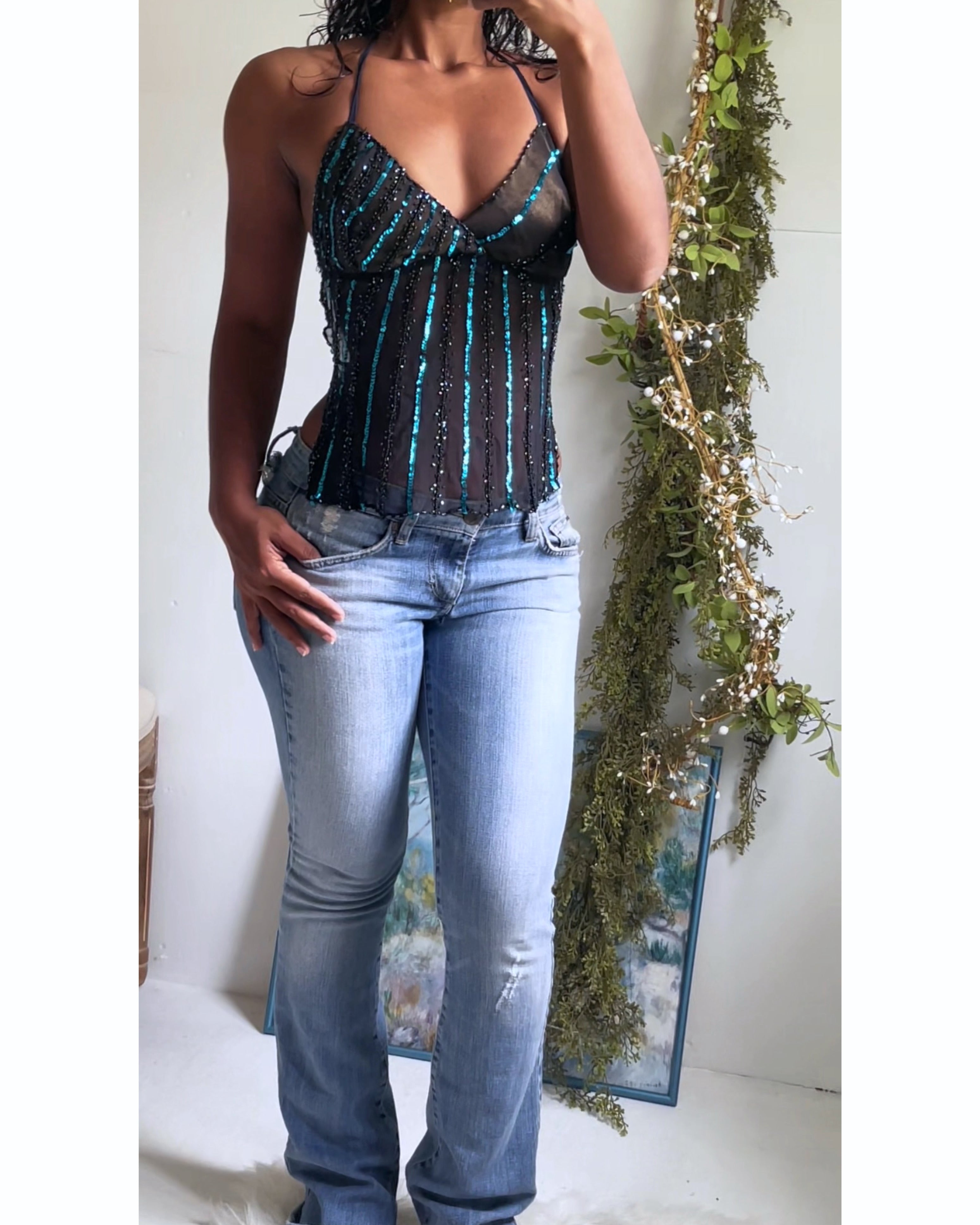 Reworked Handmade Silk Tie Back Top with Teal Sequins