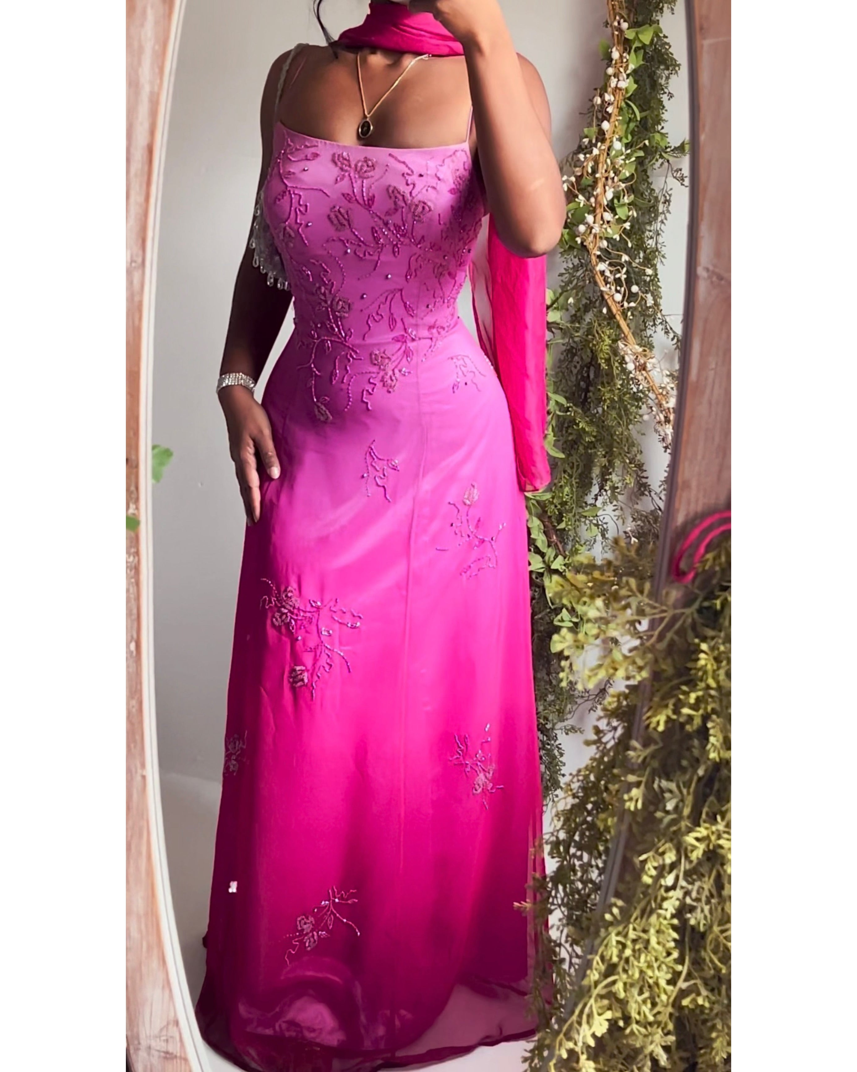 Rare Ombre Pink Beaded Gown with Sash