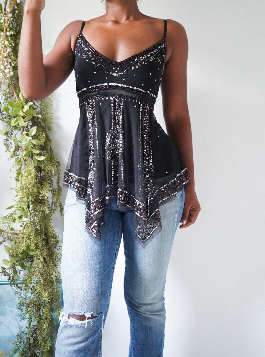 Rare Y2K Fully Beaded Tulle Black Fairy Top