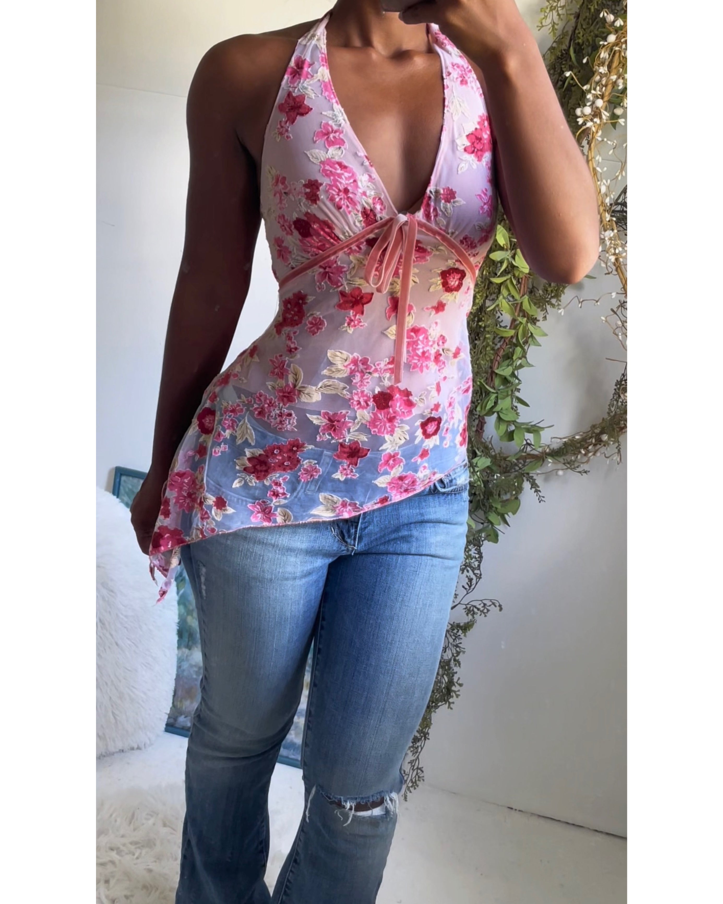Y2K Halter Burnout Pink Reworked Top