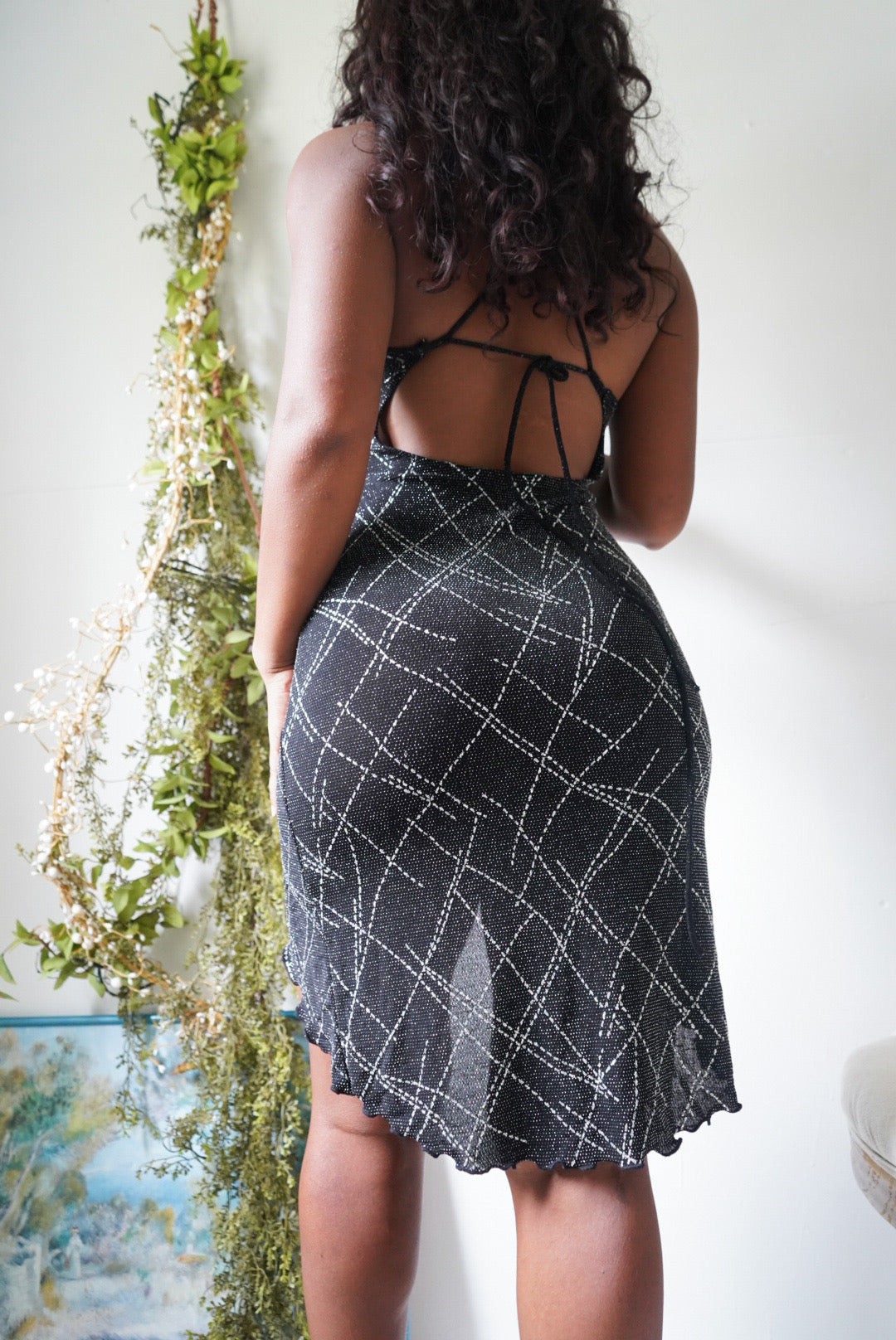 Y2K Slinky Glitter Pattern Halter Backless Mini Dress