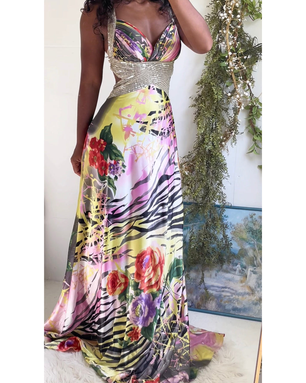 Y2K Abstract Animal Print Satin Gown