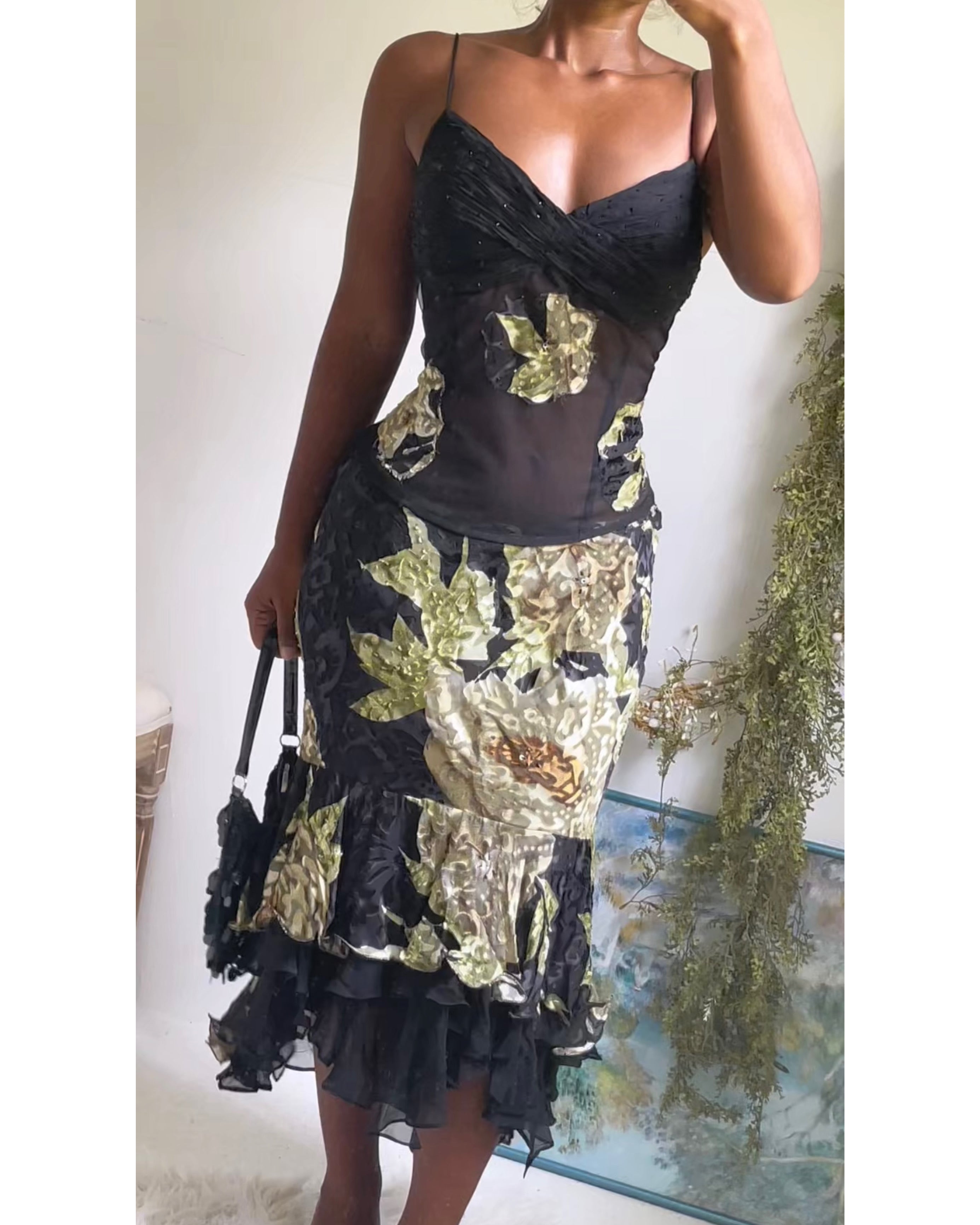 Y2K Black 2 Piece Devore Silk Skirt Set