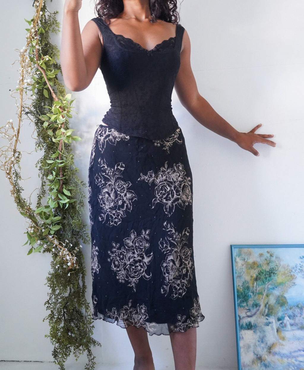 Y2K Black and Cream Silk Midi Skirt