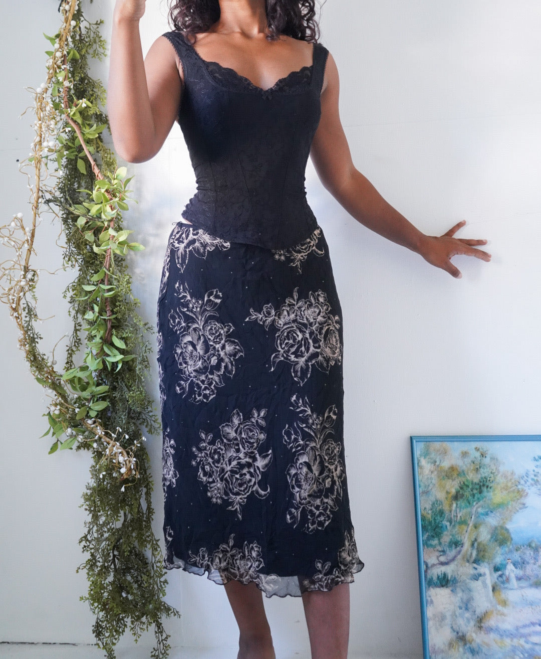 Y2K Black and Cream Silk Midi Skirt