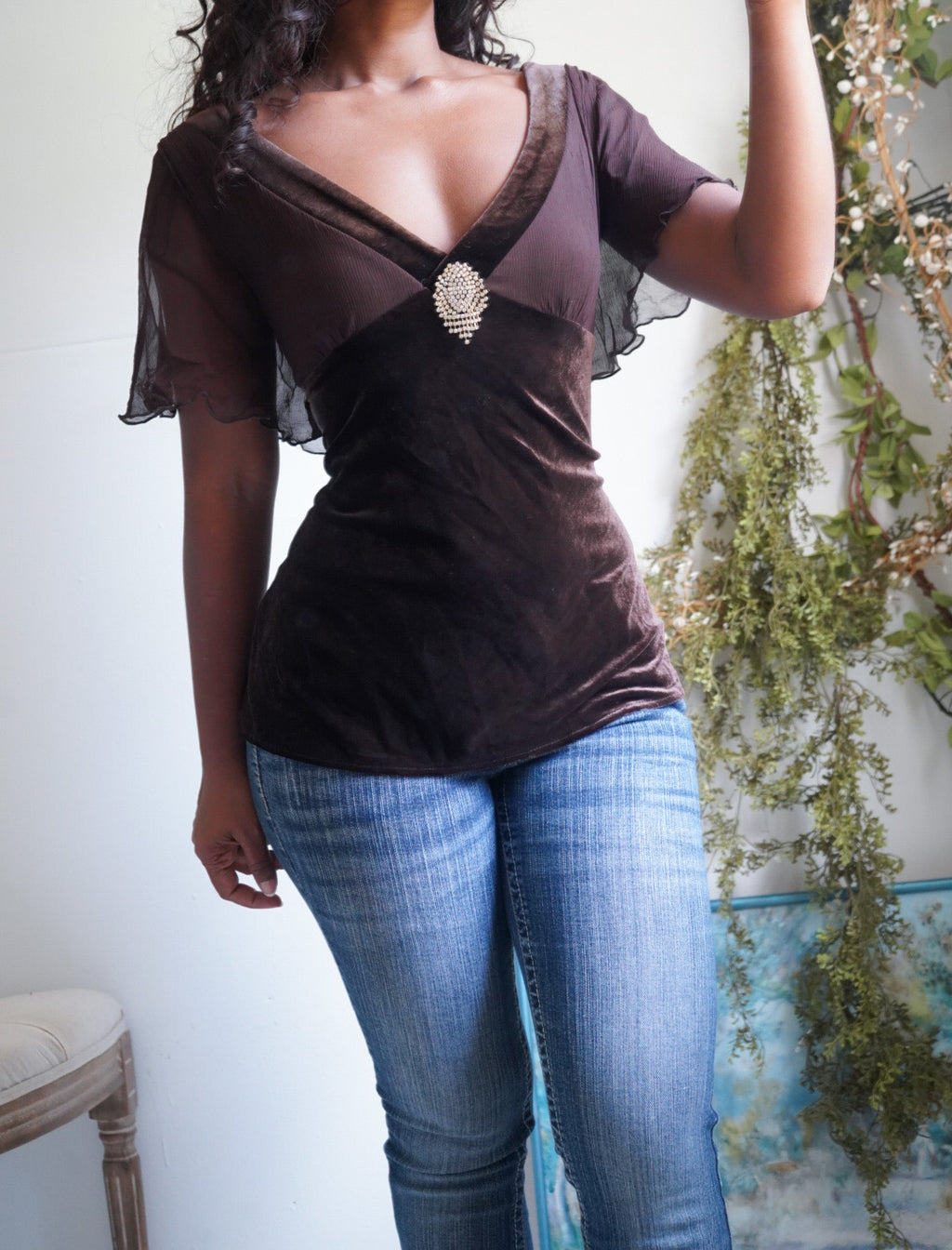 Brown Velvet Flutter Sleeve Going Out Top