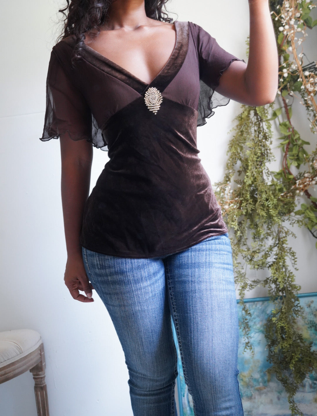 Brown Velvet Flutter Sleeve Going Out Top