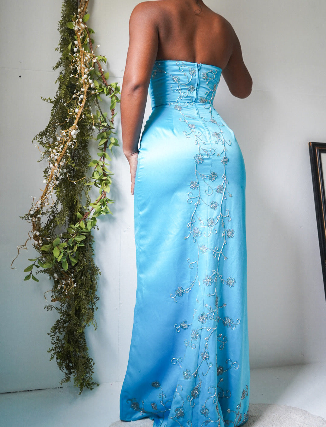 Vintage Turquoise Satin Beaded Detail Strapless Gown