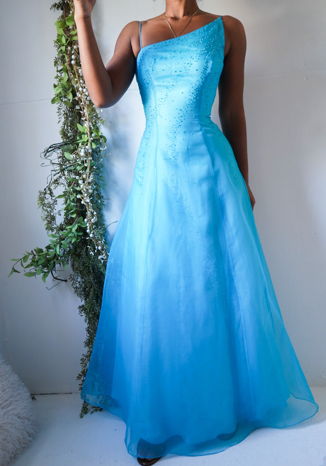 Turquoise Asymmetric Neckline Gown