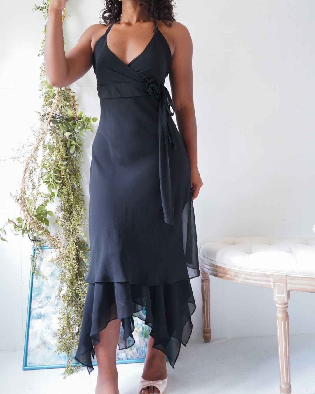 Y2K Halter Fairy Hem Black Dress