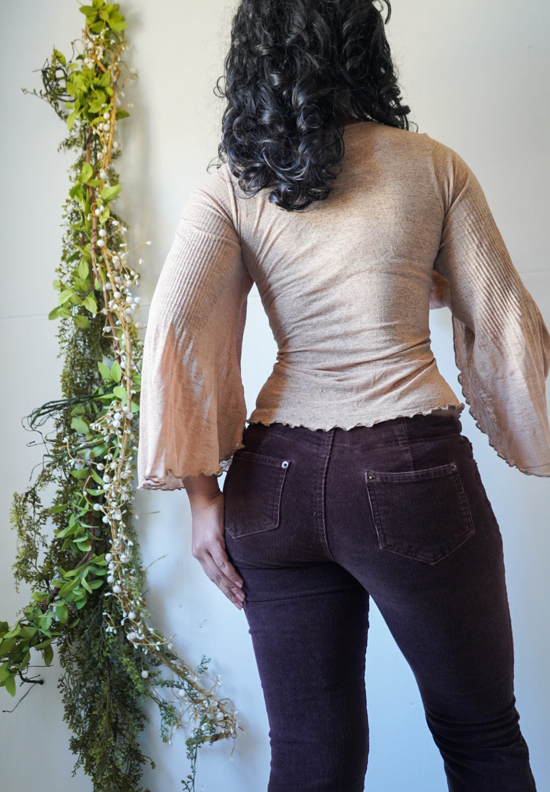 Tan Flared Sleeve Mesh Y2K Top