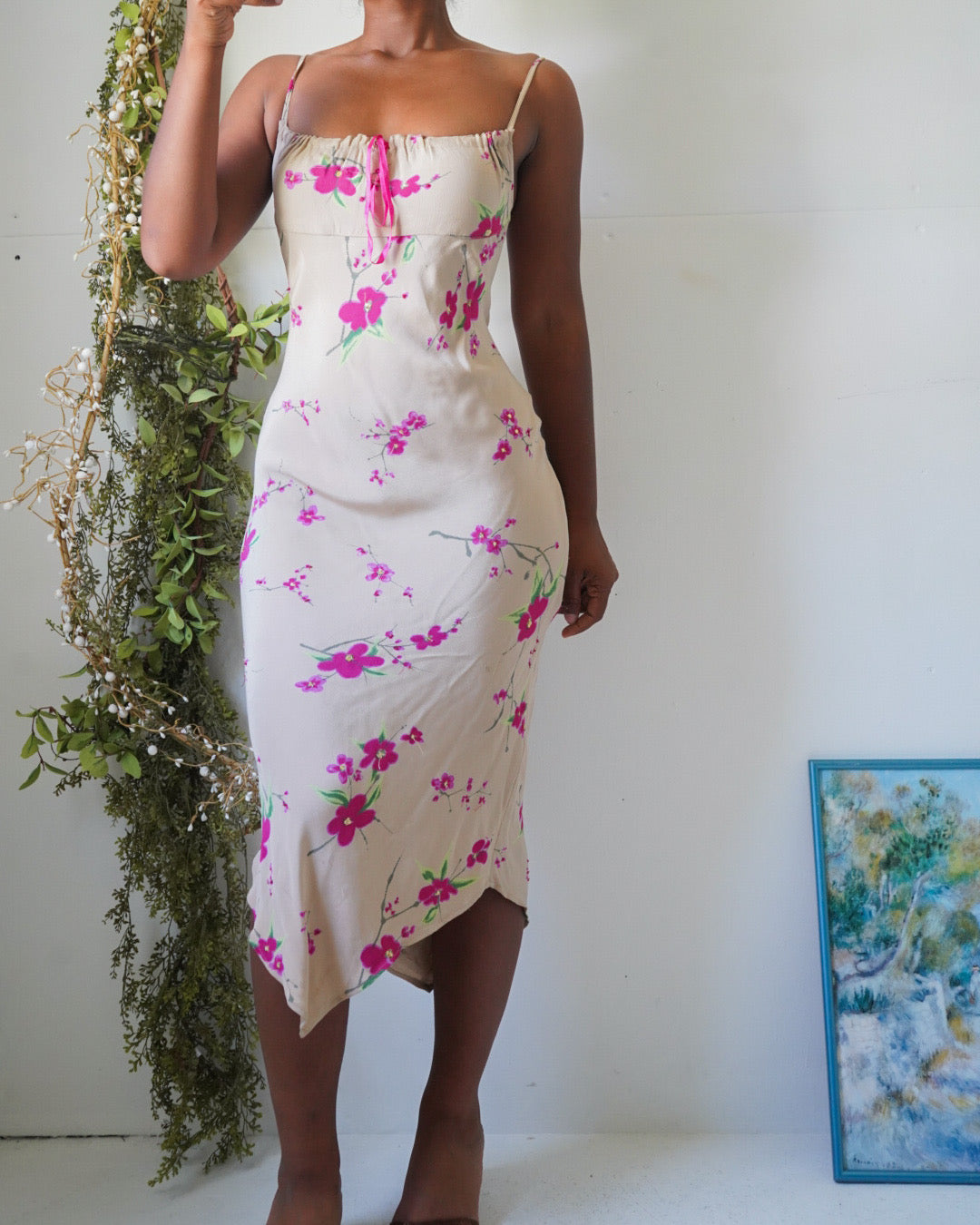 Rare Vintage Y2K Tan and Pink Floral Sequin Midi Dress
