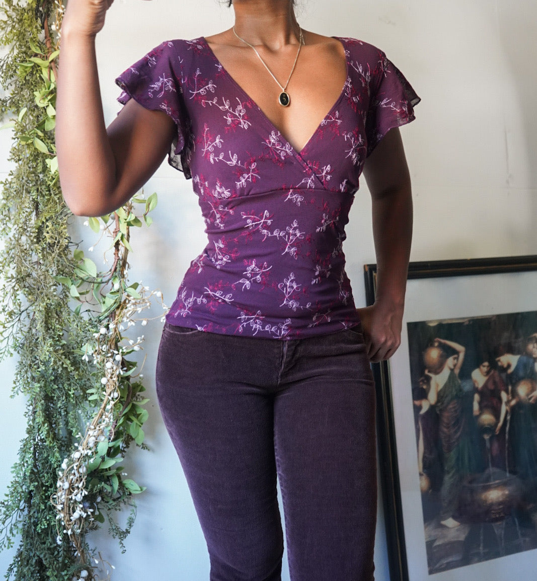 Plum Mesh Embroidered Fairy Top